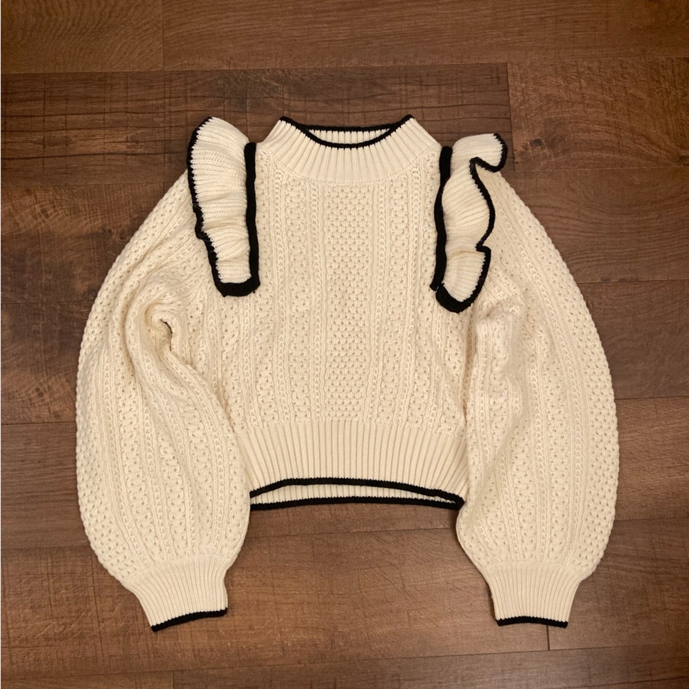 MARBLE Cream Cable-Knit Sweater w/ Black Trim Ruffle Shoulders Balloon Sleeves S